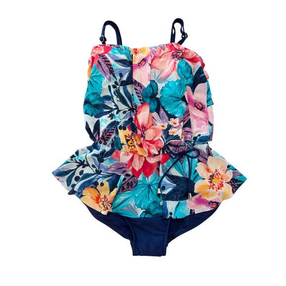 Maxine of Hollywood Other - Maxine of Hollywood Tropical One Piece Swimsuit Sz 8 Peplum Slimming Adjustable